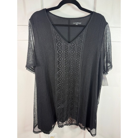 Catherines Tops - Catherines Black Mesh Lace Overlay V-Neck Top Plus Size 1X 18/20W NEW